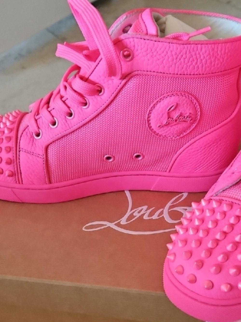 Christian Louboutin Women's Pink Spiked High-Top Sneakers - Picture 3 of 7